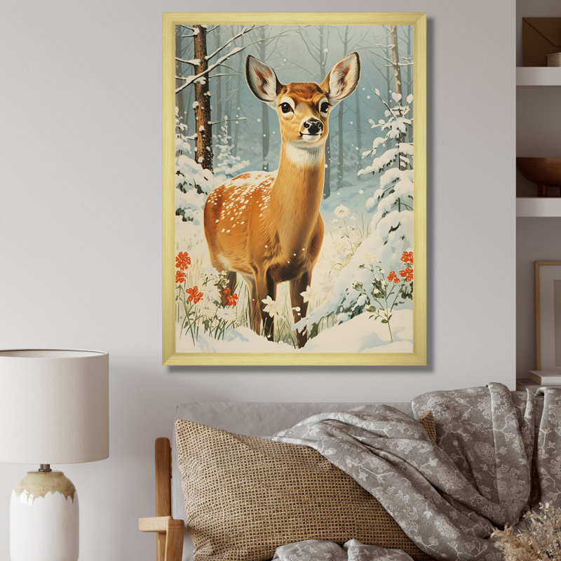 «Brown Deer Winter Adventure II - Deer Animal», art mural, Cadre doré simple, H 32 po x l 24 po x P 1 po