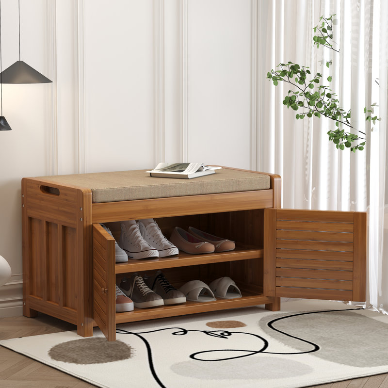 Banc de rangement en bambou pour chaussures, armoire à chaussures à 2 portes pour le vestibule, rangement peu encombrant pour le couloir