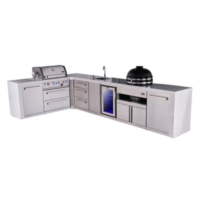 Mont Alpi Premium 4-burner 82"x146" L-shaped Deluxe Stainless Steel Modular Outdoor Kitchen Island Bbq Gas Grill + Beverage Center Faucet & Sink + Refrigerator + Kamado + Storage Drawers And Cabinets