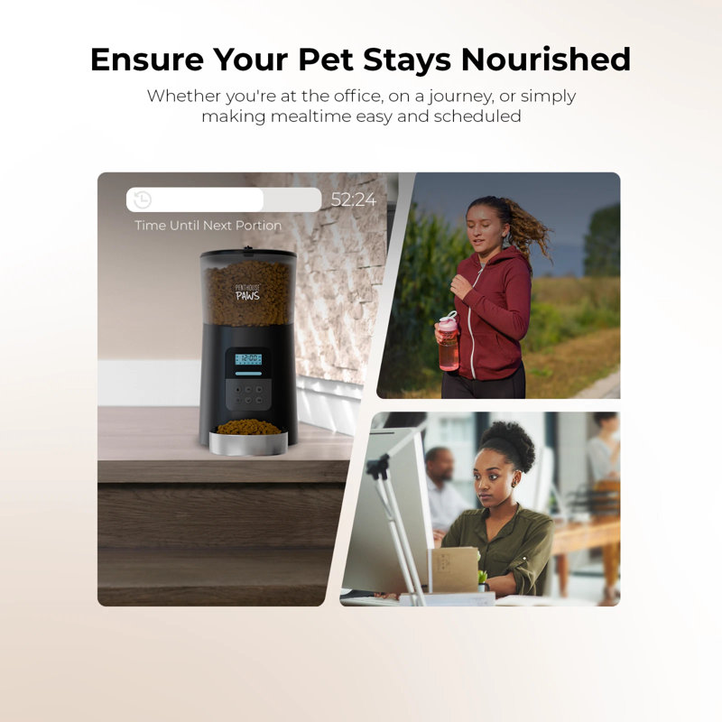 Penthouse Paws Automatic Cat Feeder with LCD, Twist-Lock Storage, Anti-Jam, Voice Meal Call, Battery Backup, Stainless Steel Bowl, Up to 15 Daily Meals, Single Tray 6L for Cat & Dog, Black/ Stainless Steel