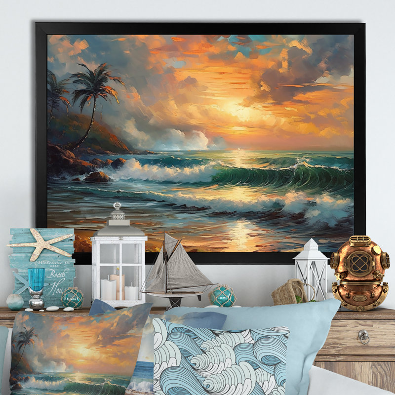 Orange et vert bord de mer Serenity II - art mural plage, salon, H 12 po x l 20 po x P 1 po