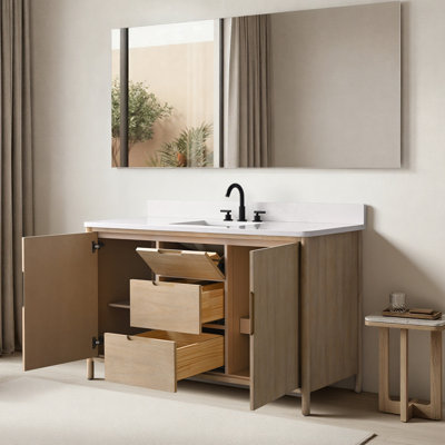 60" Freestanding Bathroom Vanity with Milano Mist Stone Top, Hidden Power Shelf and Hair Dryer Holder