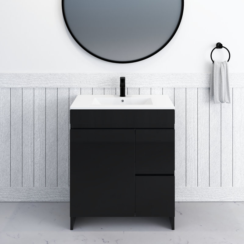Shalem 30 " W Freestanding Standard Free Standing 1 Single Vanity Bathroom Vanity With Porcelain Top, Glossy Black