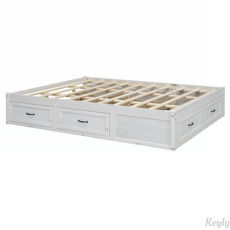 Lit plateforme avec 6 tiroirs de rangement, Blanc antique, Grand