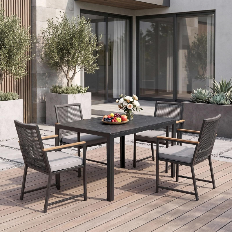 Dining Set, Dark Gray Rattan, Dark Gray Cushion, Silver Gray / Black Embossed