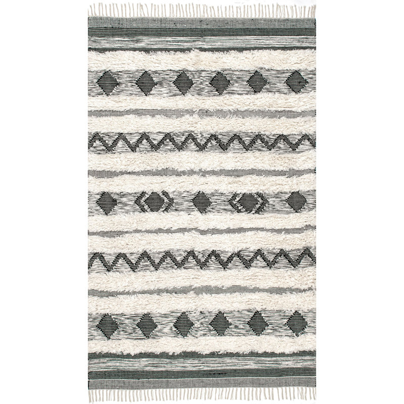 Tapis noir en laine noué à la main Nehemiah, Rectangle 7 pi 6 po x 9 pi 6 po