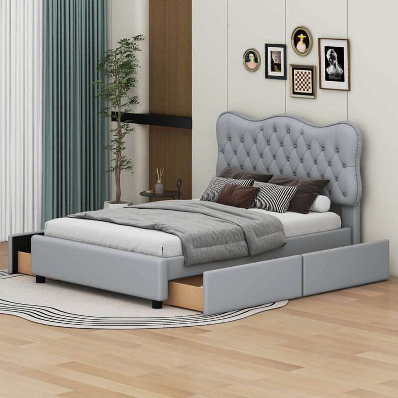 Lit plateforme tapissier avec 4 tiroirs Kiosha, Double, Gris