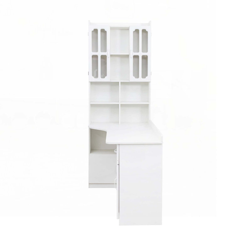 L-Shaped Corner Computer Desk with Drawers, Bookshelf and Hutch, White