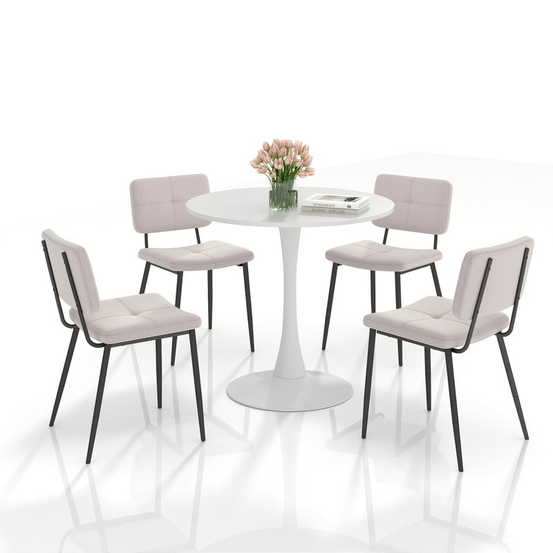 Ensemble de réception moderne 5 pièces avec table à piédestal ronde et chaises d'invité rembourrées, Blanc / beige
