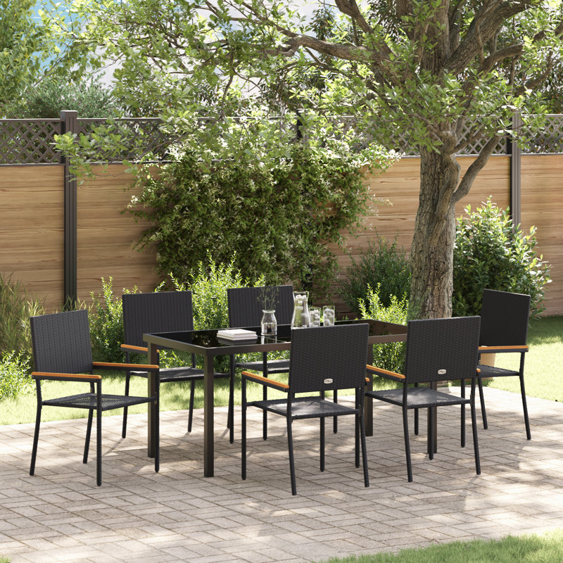 7 Piece Garden Dining Set Poly Rattan, Black