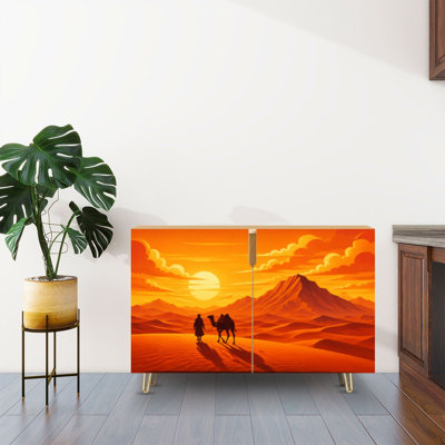 Sideboard Buffet Cabinet with Storage Desert Sunset Silhouette Person Camel Stylized with 2 Doors for Living Room and Kitchen