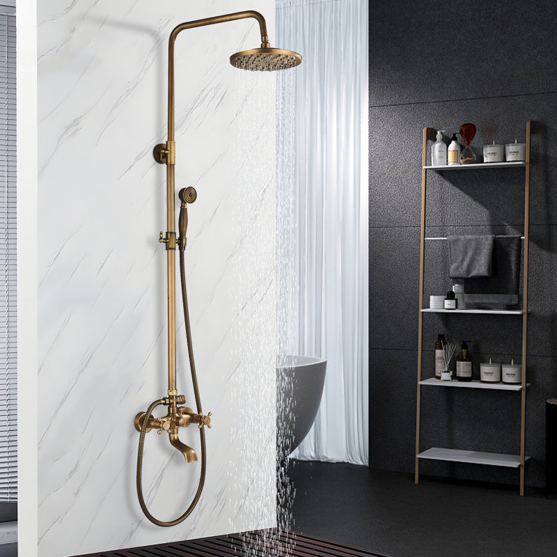 Robinets de douche d'extérieur en laiton antique à trois fonctions avec pomme de douche pluviale de 8 pouces, douchette avec système de douche à main et système de douche exposé