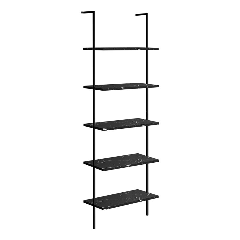 Cara 72 Inch Etagere Bookcase, 5 Tier Ladder Display Shelves, Black Marble-look, Black/Black
