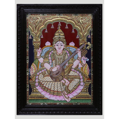 Tanjore, peinture de la déesse Saraswati sur le trône | Couleur traditionnelle avec or 24 carats | Avec cadre