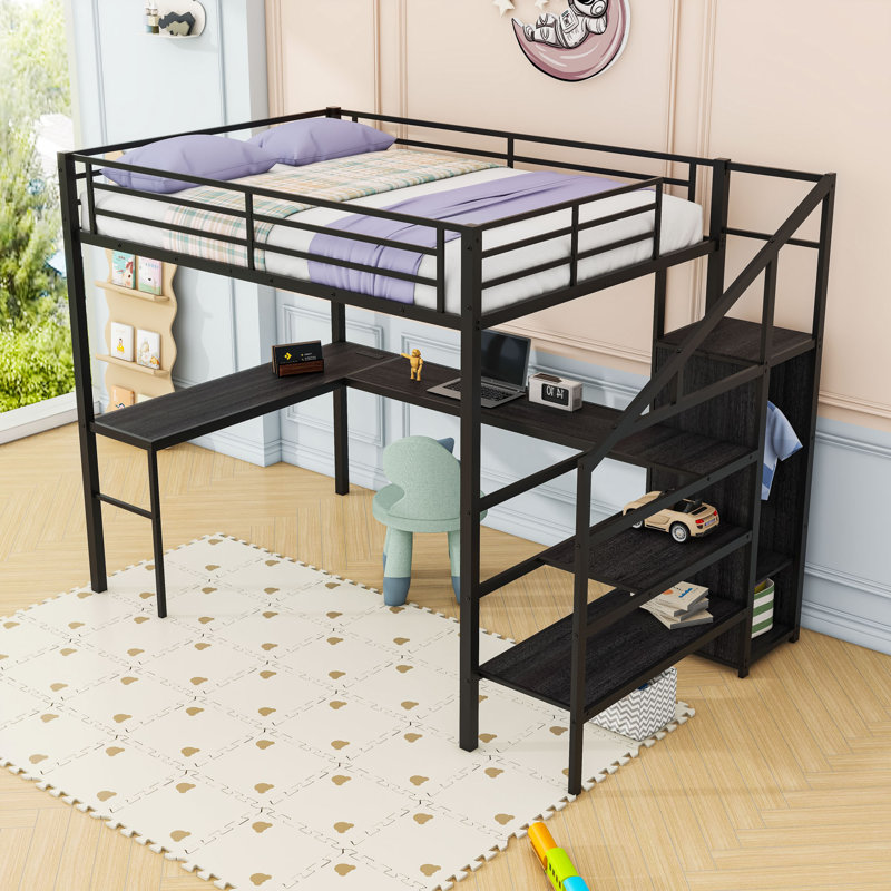 Lit mezzanine double avec garde-robe, escalier et bureau en L