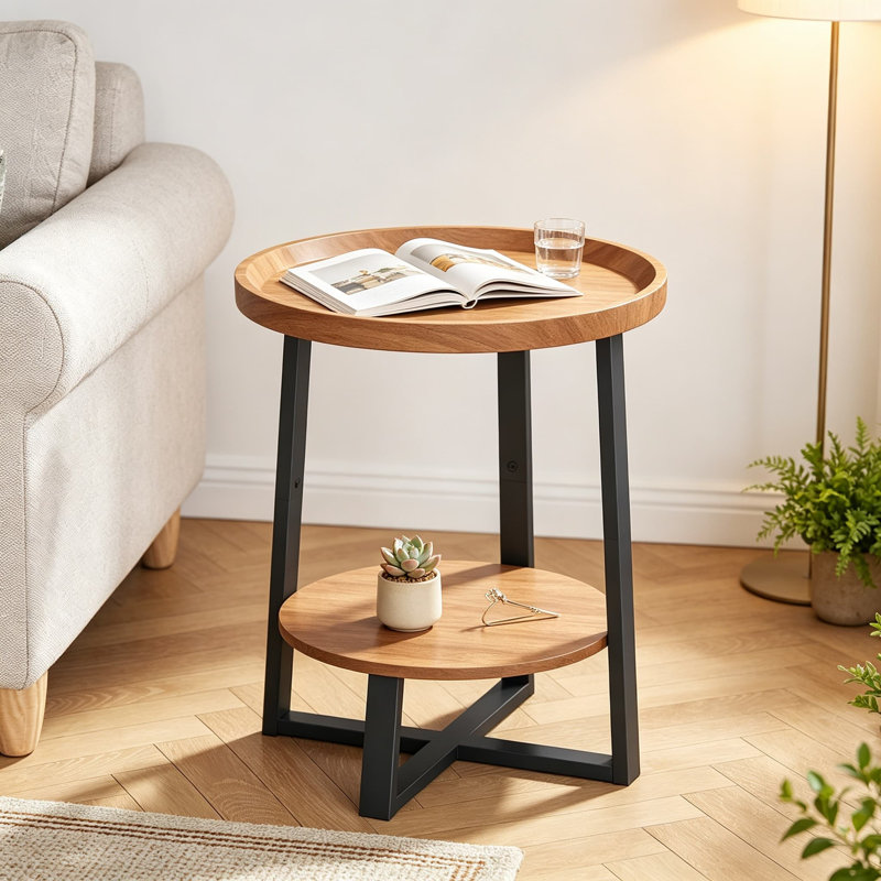 Table d'appoint ronde industrielle avec finition en bois de cerisier, table de bout moderne pour salon, chambre à coucher, table de chevet avec structure en métal robuste et rebord surélevé