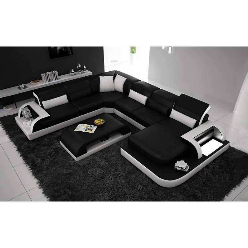 Canapé modulaire en cuir Jysir, Cuir véritable noir / blanc, Orienté à droite