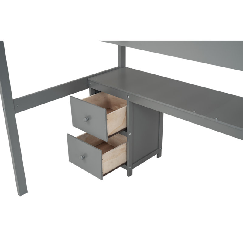 Structure de lit mezzanine avec bureau intégré et tiroirs de rangement doubles, Gris