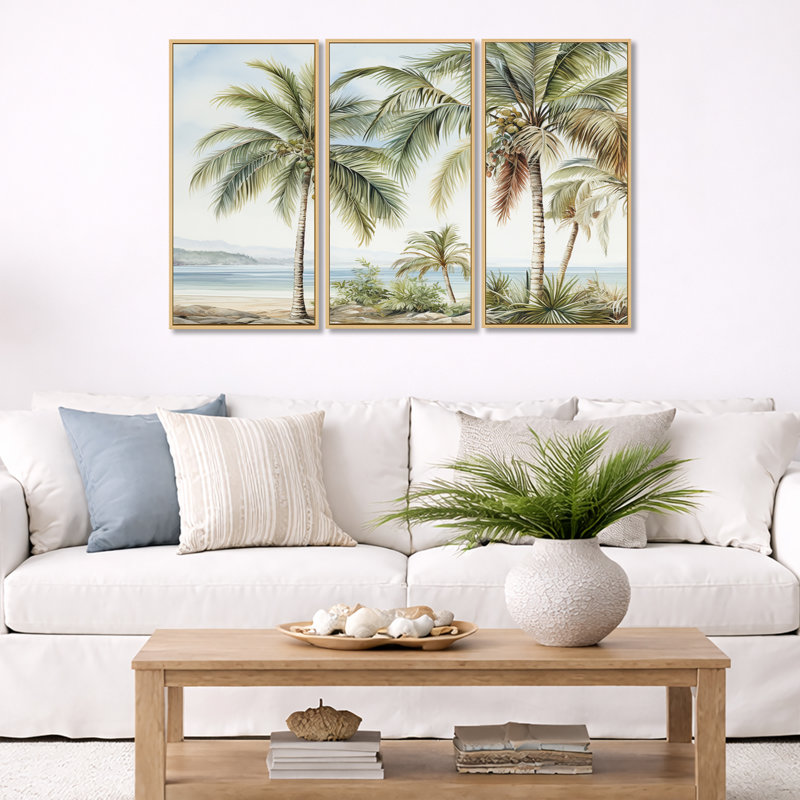 Ensemble de salon Palms Palm Trees On The Beach V - Palmiers et palmiers, H 32 po x l 48 po, Cadre argenté flottant