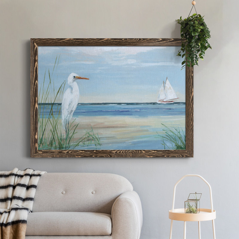 Summer Heron - Peinture sur toile encadrée, H 31,5 po x l 23,5 po x P 1,5 po, Noyer