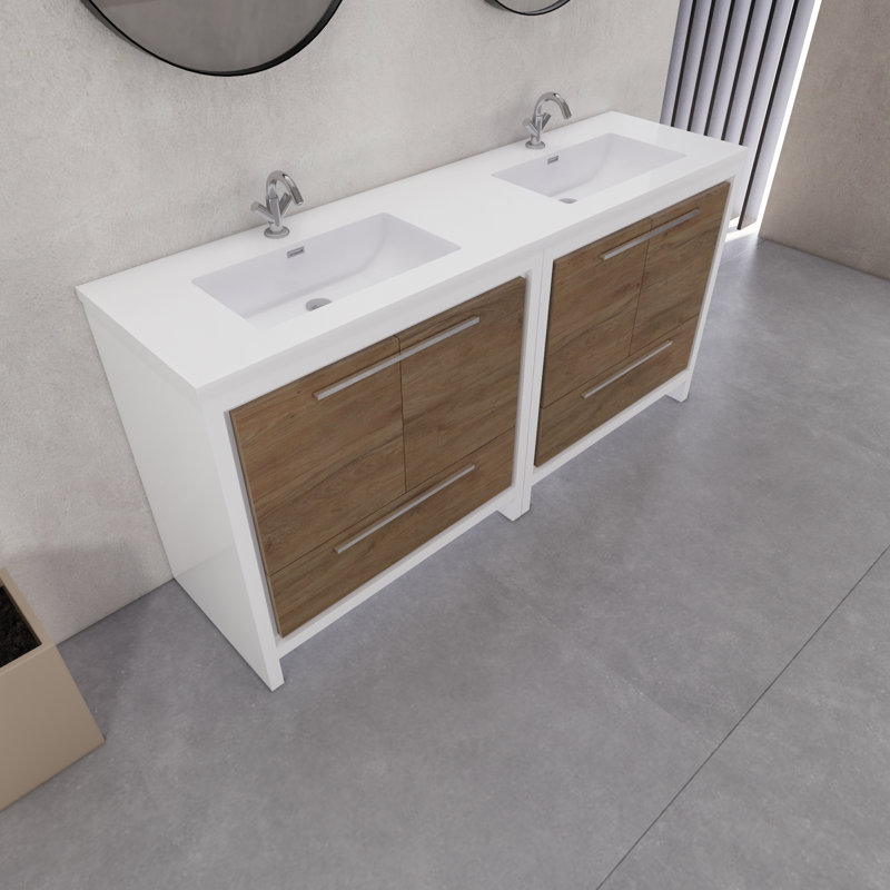 Ensemble de meuble-lavabo double 72 po Eden, Blanc brillant / teck