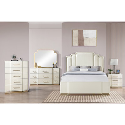 Ensemble de chambre à coucher grand lit 5 pièces Lexington en beige avec lit tapissier, commode, miroir, table de chevet et commode pour une vie élégante et organisée