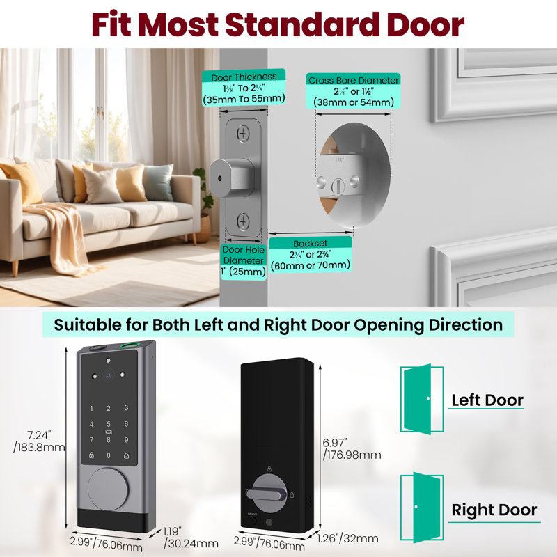 6-in-1 Video Smart Lock with Camera & Doorbell - Fingerprint, Auto Lock, Wi-Fi, IP65 for Front Door, Dark Gray