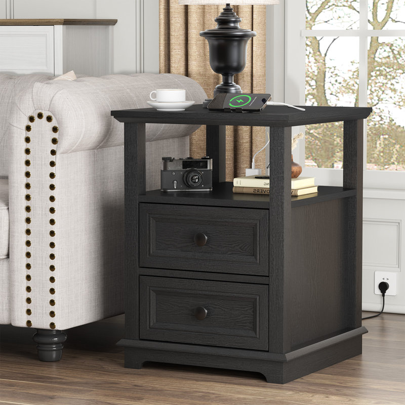 Azella Frame 2 End Table Set with Storage and Built-In Outlets, Antique Black