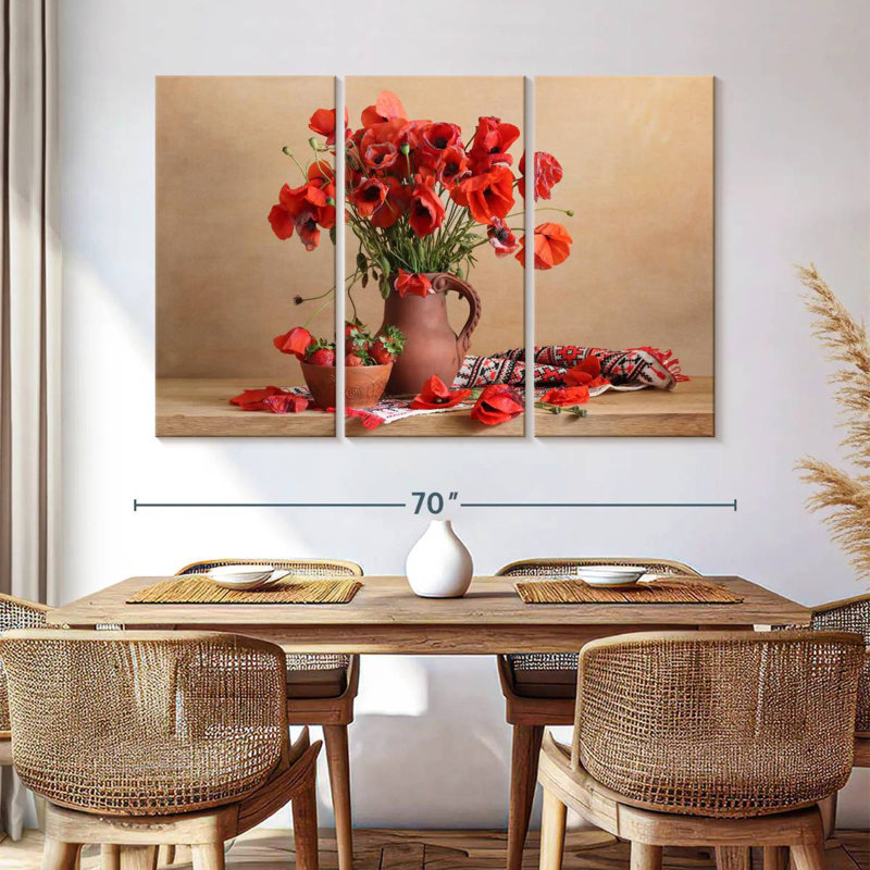Harnek, coquelicots rouges et fraises, H 42 po x l 65 po