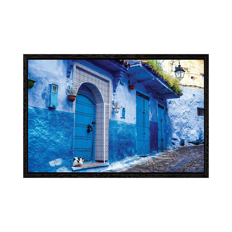Chefchaouen, Morocco. Cat And Blue Door And Buildings by Dane Shue - Print on Canvas, 66.04 cm H x 45.72 cm W, Black Framed