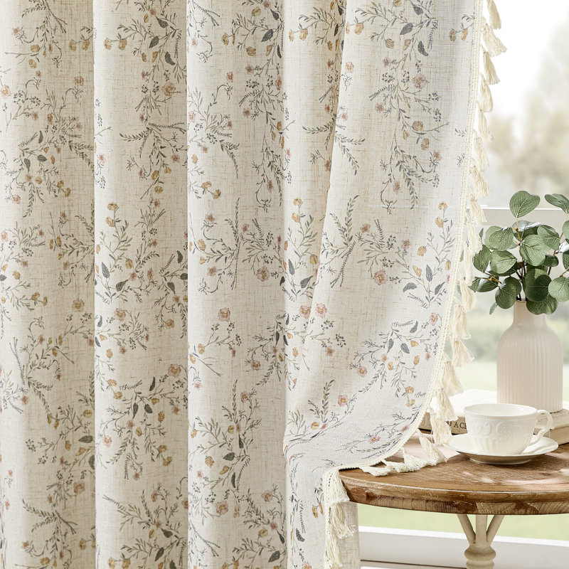 Vintage Floral Linen Blend Rod Pocket Light-filtering Curtains for Living Room Bedroom,2 Panels, 54"W×63"