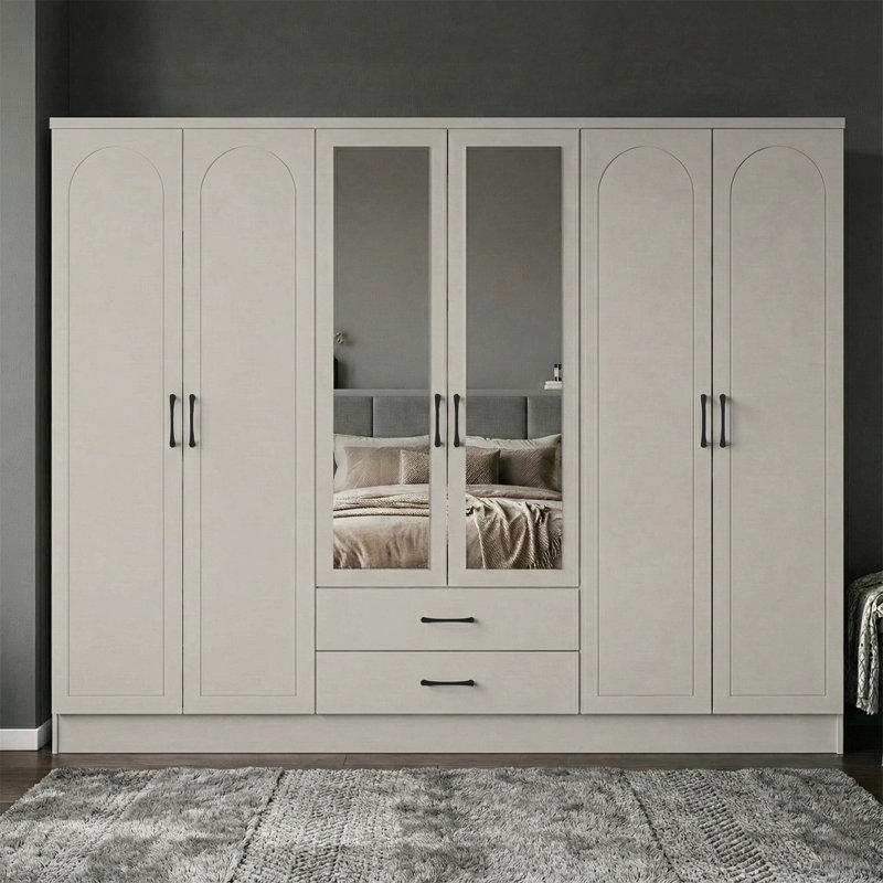  6 Door 2 Drawer Wardrobe with Mirror, Light Grey