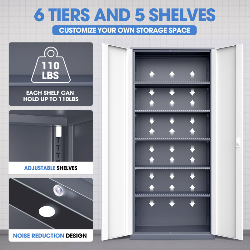 71" Lockable Heavy Duty Metal Storage Cabinet W/ 5 Adjustable Shelves, Gray/White