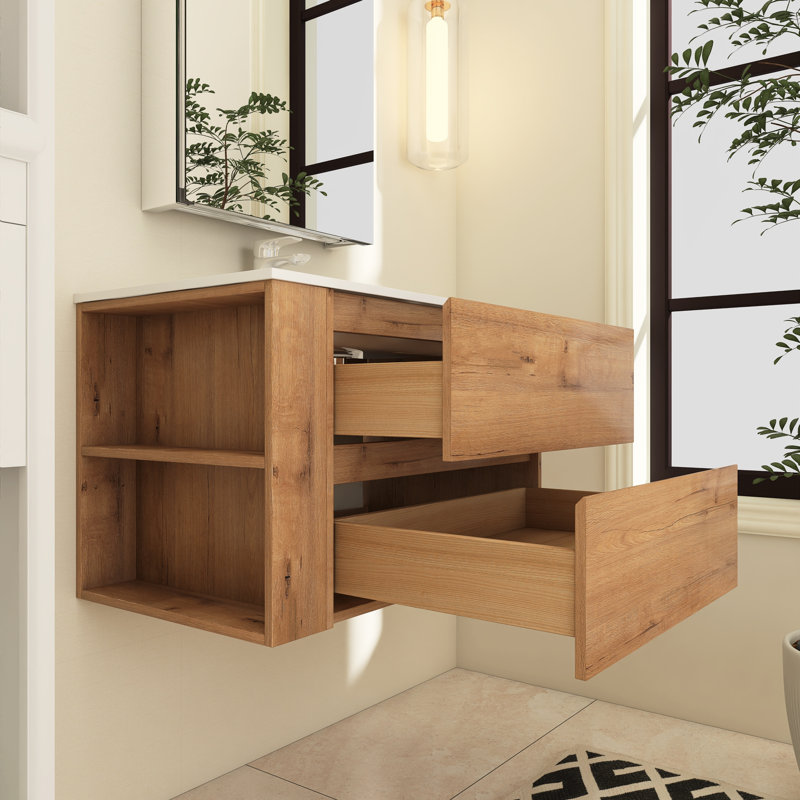 Ensemble de meuble-lavabo simple 35,9 po avec plateau en céramique Dozia, Imitation chêne