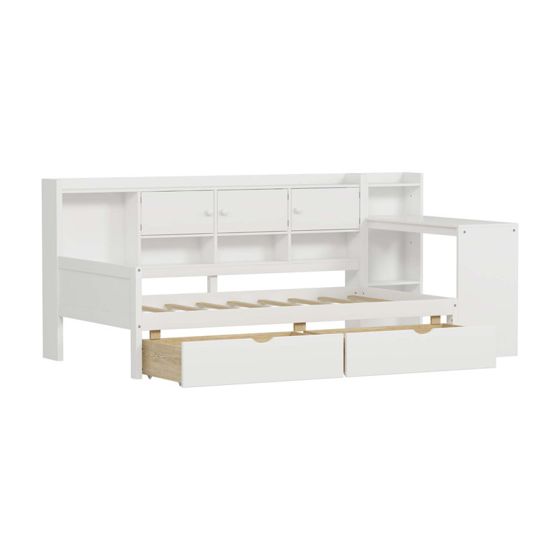 Wooden L-Shape Daybed With Seven Storage Cabinets And Two Storage Drawers, Multi-Functional Bed With Study Desk And Built-In Bookshelf