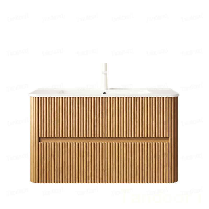 Meuble-lavabo de salle de bain avec lavabo, armoire de rangement murale en contreplaqué flottant avec 2 tiroirs, lavabo en céramique, sans robinet, pré-assemblé