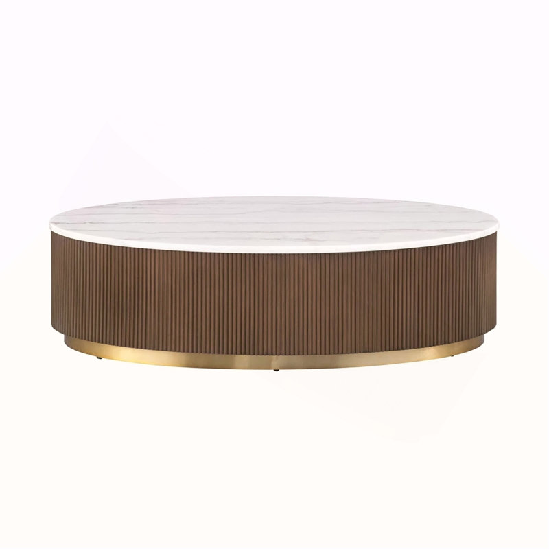 Table basse ovale contemporaine brune, plateau en marbre véritable, base dorée, mobilier de salon