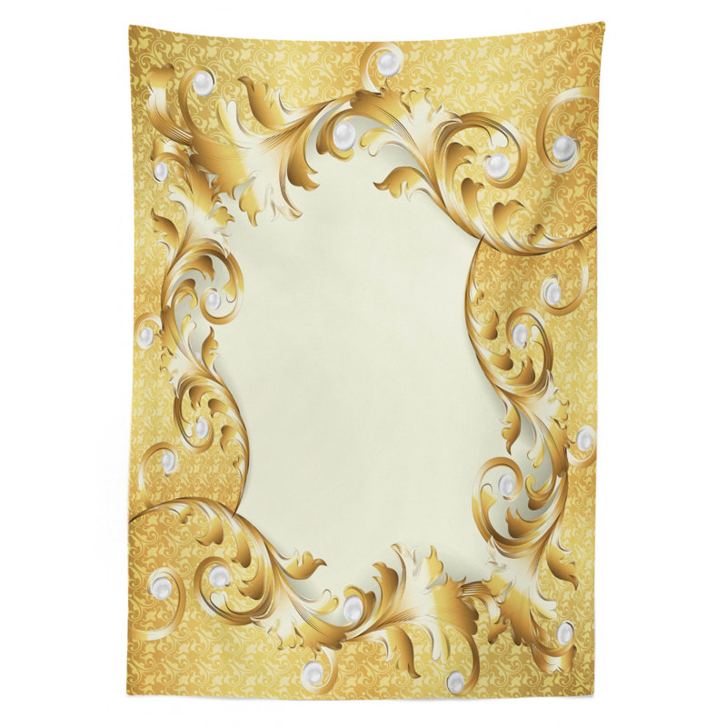 Pearls Tablecloth, Illustration Of A Frame With Ornaments And Pearls Baroque Style Floral Patterns, Rectangular Table Cover For Dining Room Kitchen Decor, 52" X 70", Cream Yellow