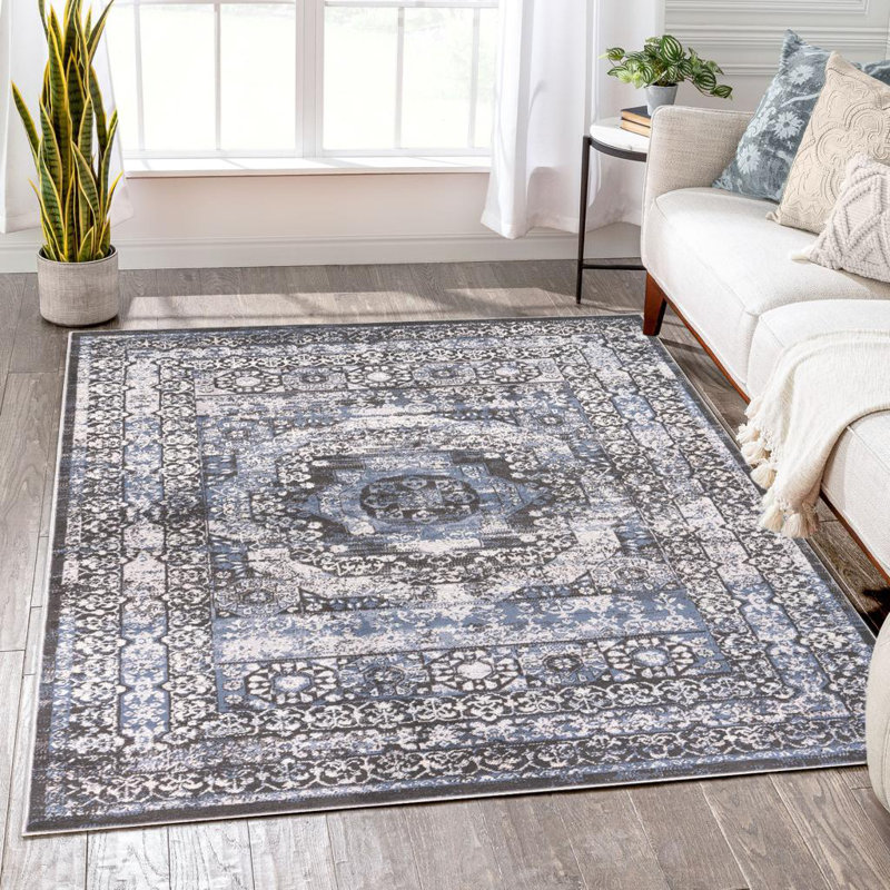 Tapis oriental bleu / beige / gris Keagan, Rectangle 7 pi 7 po x 10 pi 2 po