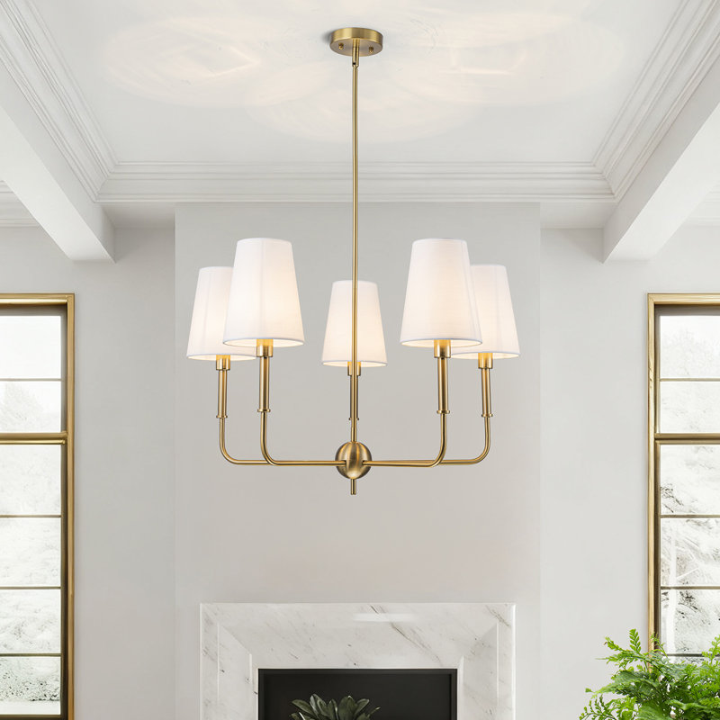 5 - Light Dimmable Classic Traditional Chandelier With White Linen Fabric Shades, Gold