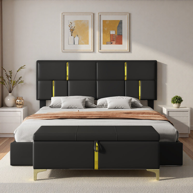 Ensemble de chambre à coucher 2 pièces avec lit plateforme tapissier et repose-pieds avec rangement, Noir