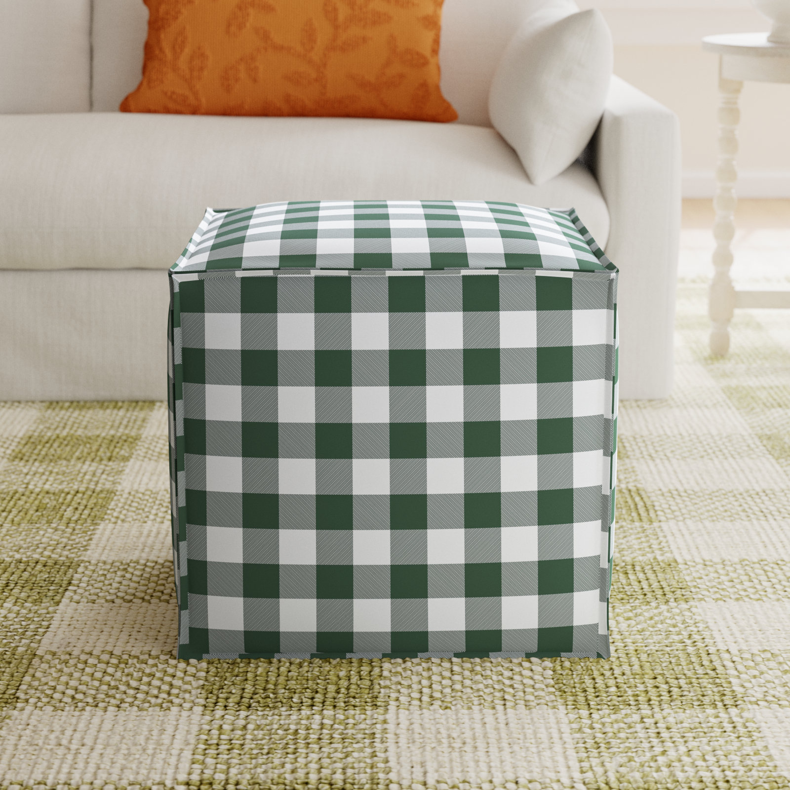 Esmerelda Upholstered Ottoman, Classic Gingham Evergreen