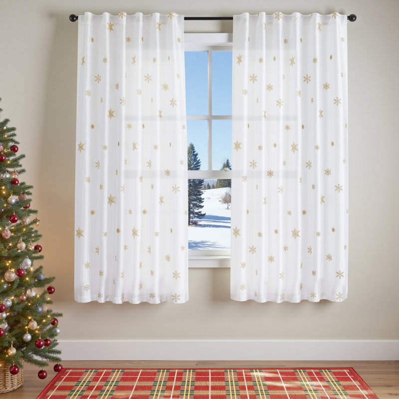 Rideaux de Noël flocons de neige brodés, rideaux blancs, L 50 po x L 63 po, Doré / Blanc