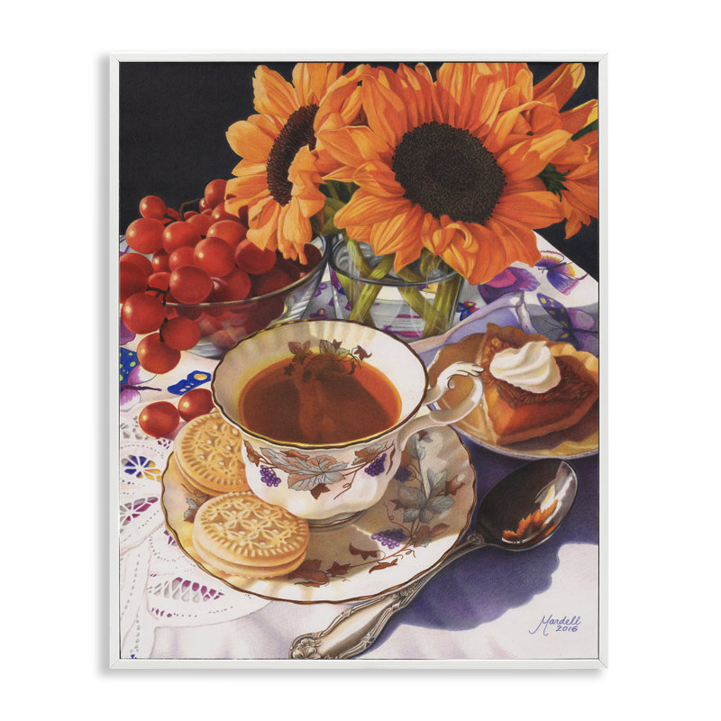 Art de thé d'automne par Mardell Schuster, Giclée encadrée blanc bord de mer, H 20 po x l 16 po
