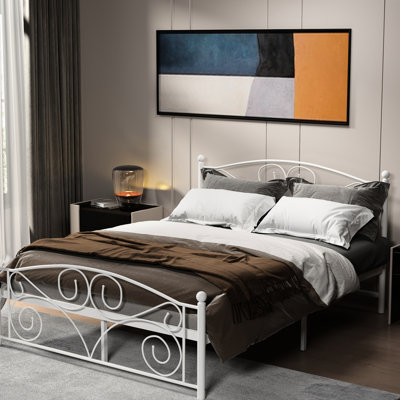Structure de lit double en métal - blanc, style moderne, fabriquée pour la durabilité, silencieuse et silencieuse, facile à assembler, sans sommier tapissier, s'adapte à un matelas de 8 pouces et plus, capacité de poids maximale de 600 lb