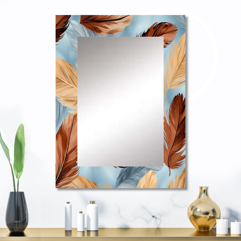 Rétro Boho Feathers en bleu et orange II - miroir mural plumes, miroir décoratif brun, impression d'art en métal
