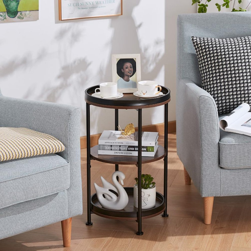Table d'appoint ronde, table de bout industrielle avec 3 tablettes de rangement et structure en acier pour le salon, la chambre à coucher et les petits espaces - Brun rustique