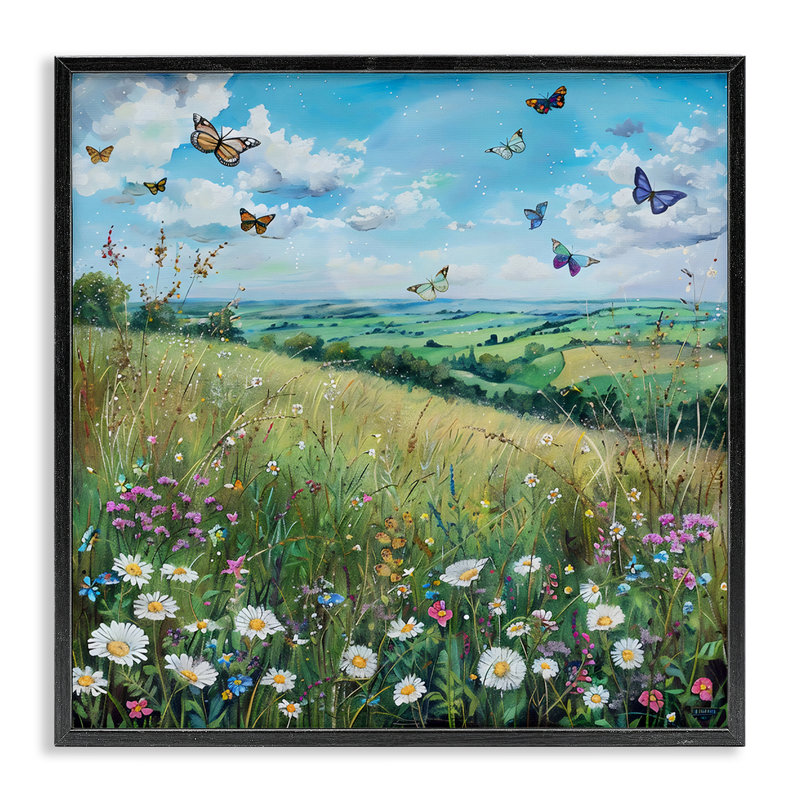 «Butterflies In Tranquil Meadow», estampe numérique, design par LSR Creative Studio, Giclée encadrée noir minuit