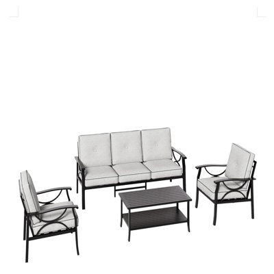 4-Piece Metal Patio Furniture Set, 5-Seat All-Weather Conversation Sofa With 4 Inches Thick Gray Cushions, Black Frame, Coffee Table For Porch Backyard Garden