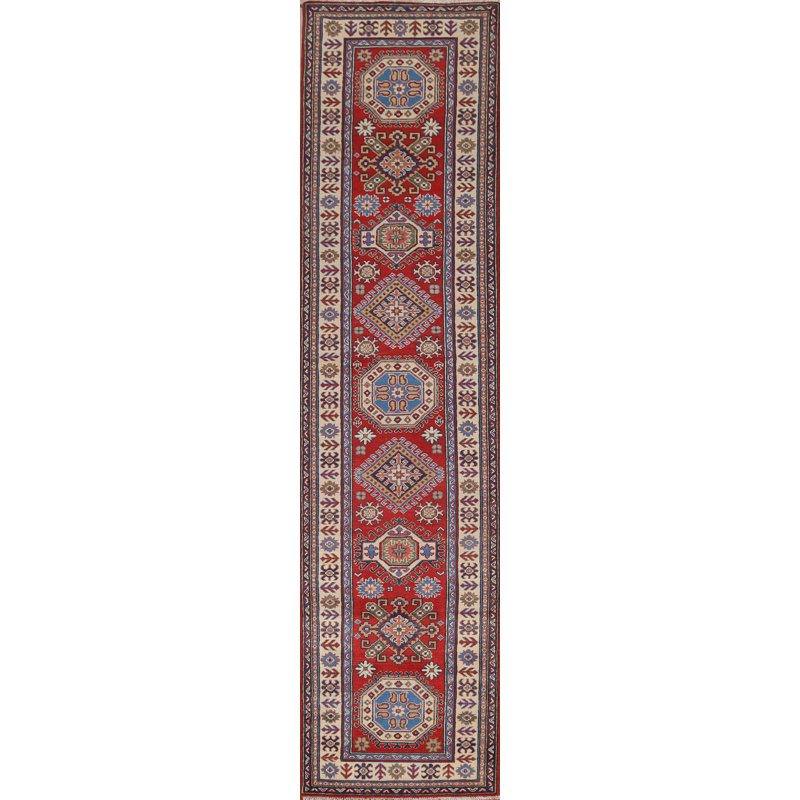 Tapis de couloir unique en laine noué à la main 2 pi 8 po x 12 pi 6 po nouvel âge en rouge / bleu / beige